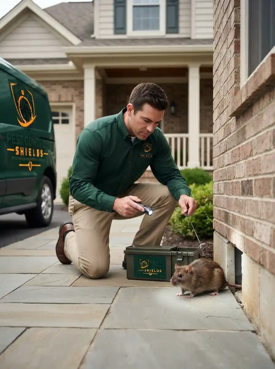 Technician inspecting a Philadelphia rowhome for rodents